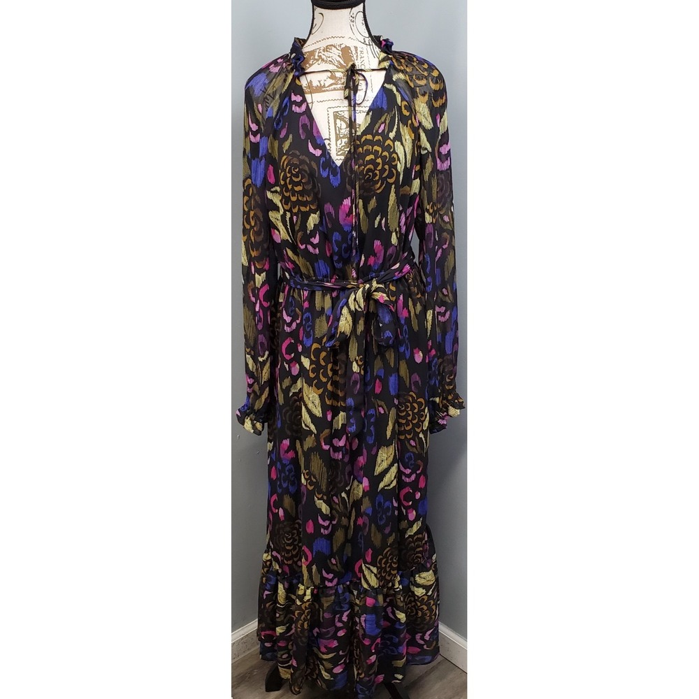 Kensie Maxi Dress Womens 14 Multi Abstract Lined Tie Neck Ruffle Belted Waist